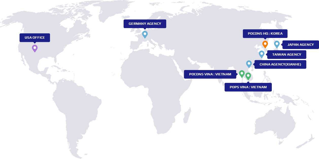 POCONS global network: headquarters in Korea, two plants in Vietnam, US office in San Diego, agencies in China, Japan, Taiwan and Germany